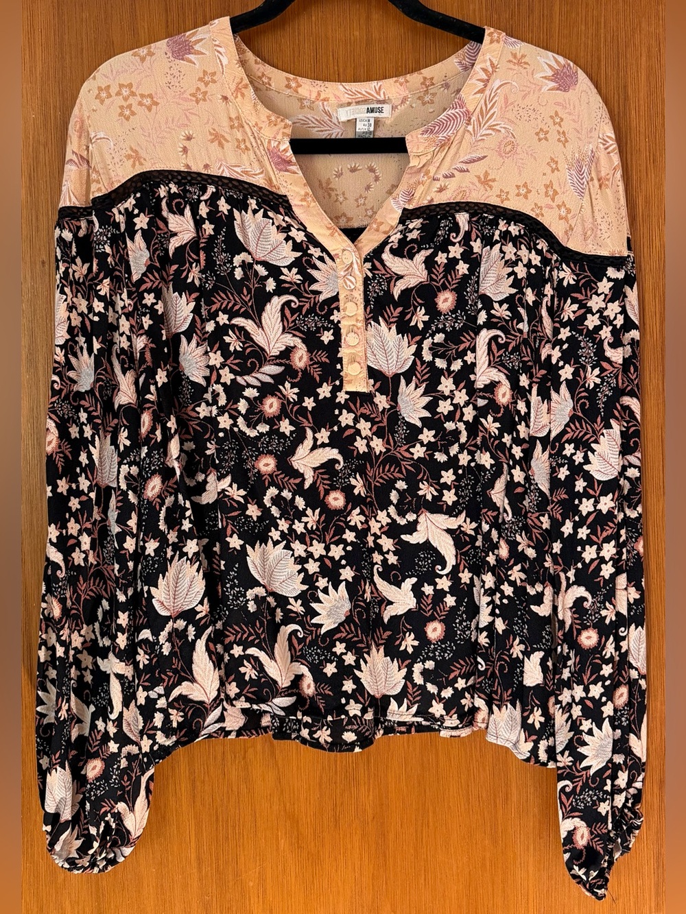 Amuse Society Black and Blush Floral Henley Tunic